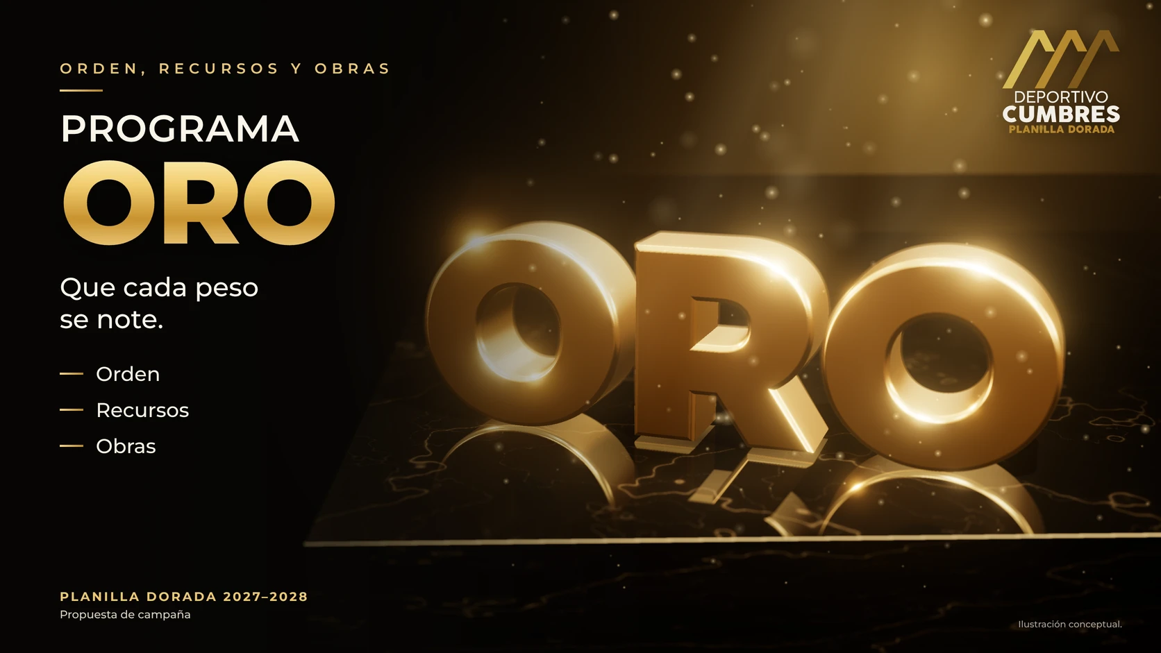 Letras ORO de oro pulido sobre una losa de mármol negro, con luz dorada.