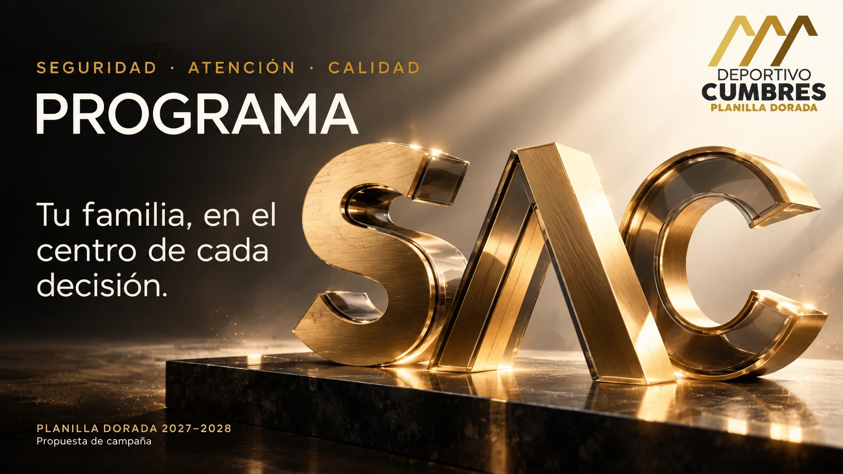 Pieza conceptual del Programa SAC con letras metálicas doradas, fondo oscuro y logo de Planilla Dorada.