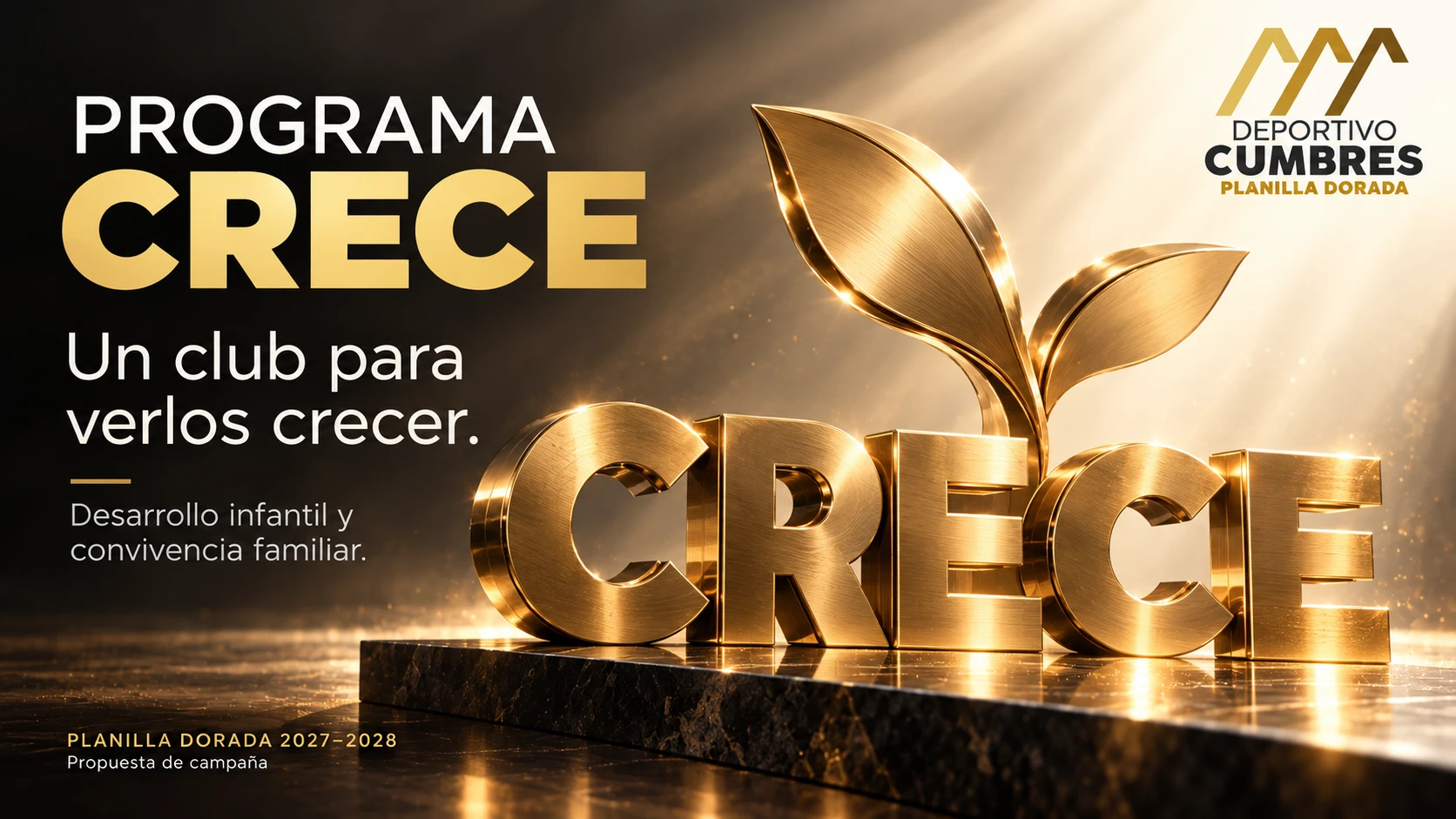 Portada del Programa CRECE con letras y un brote dorados.
