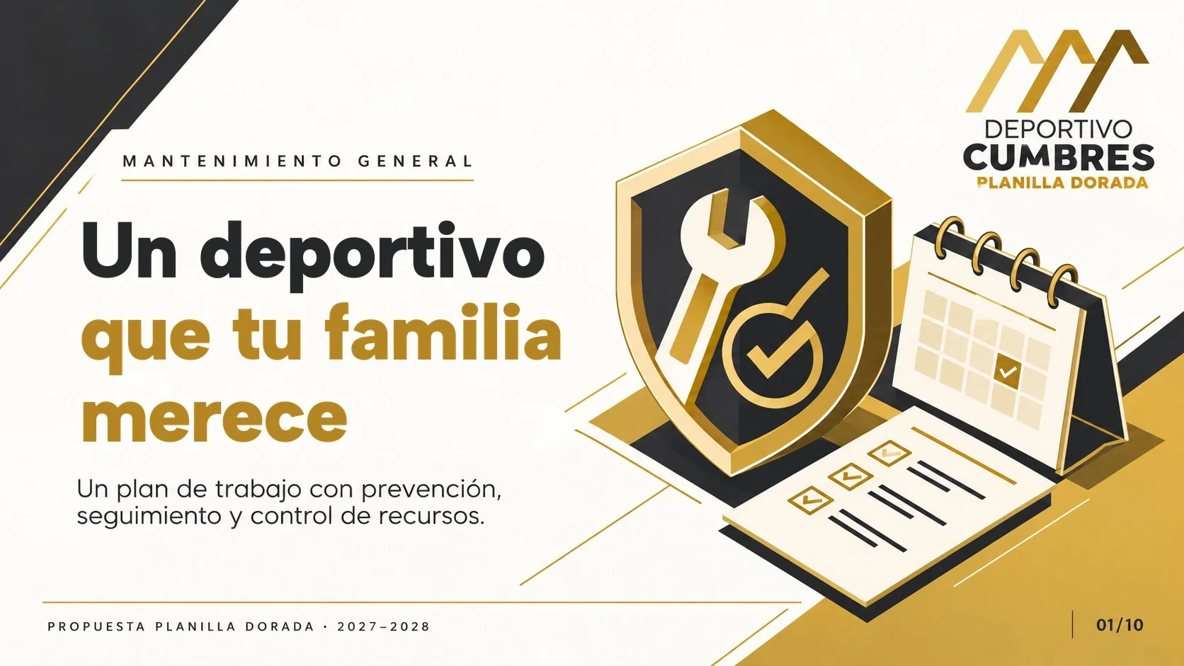 Ilustración dorada de un escudo con una llave y una palomita junto a un calendario y una lista de verificación: un plan de trabajo con prevención, seguimiento y control de recursos.