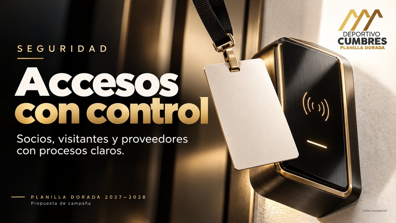 Lector de acceso y credencial genérica en un render de estudio negro y dorado, sin mostrar instalaciones del club.