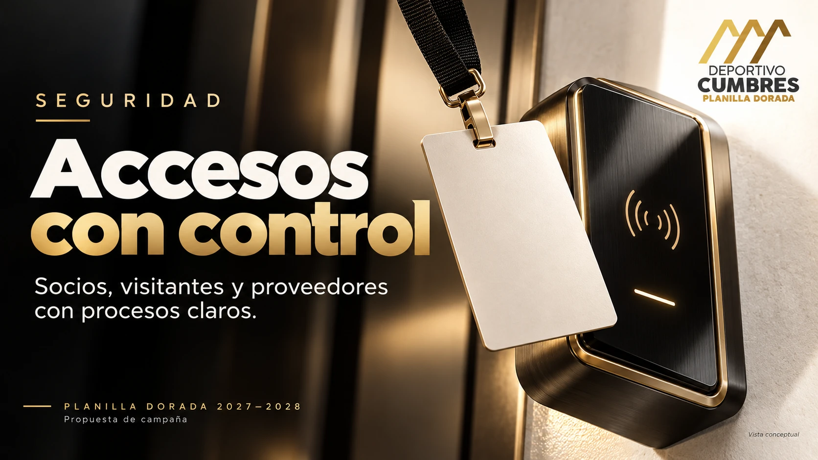 Lector de acceso y credencial genérica en un render de estudio negro y dorado, sin mostrar instalaciones del club.