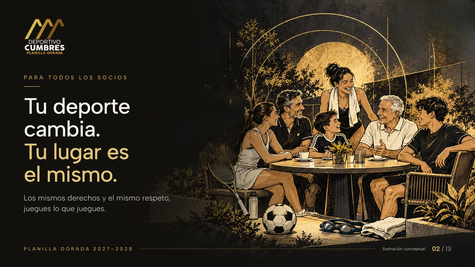 Ilustración dorada de una familia y socios con una raqueta, un balón de fútbol y unos goggles de natación, compartiendo una mesa.