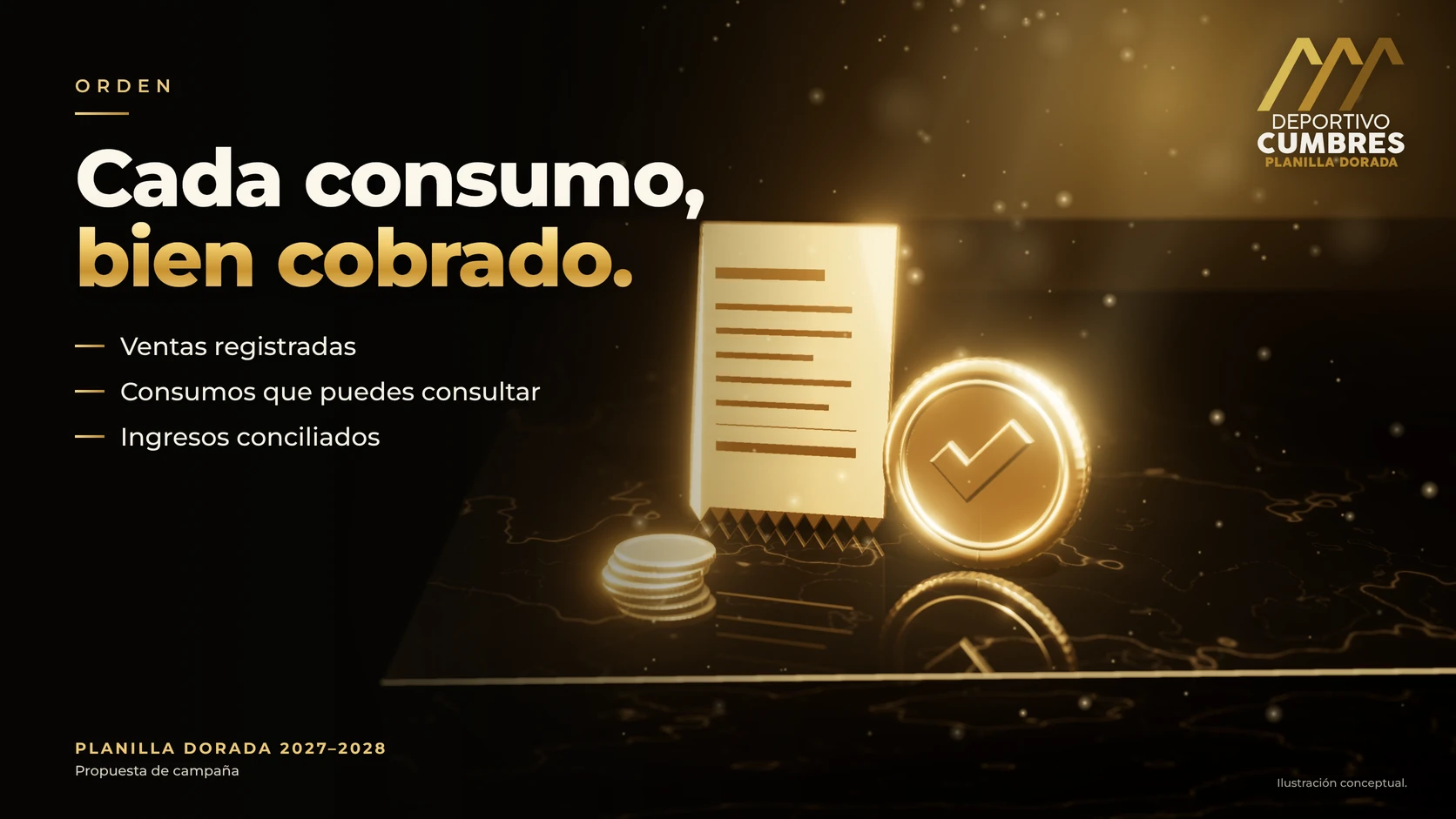 Un ticket de oro y un sello con palomita que representan cada consumo registrado y bien cobrado.