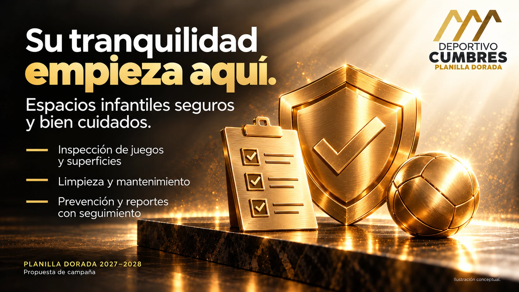 Escudo dorado y lista de revisión que representan el cuidado de espacios infantiles.