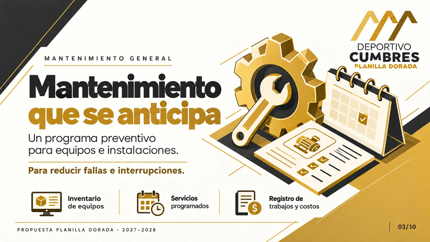 Ilustración dorada de un engrane con una llave, un calendario y una bitácora: inventario de equipos, servicios programados y registro de trabajos y costos.