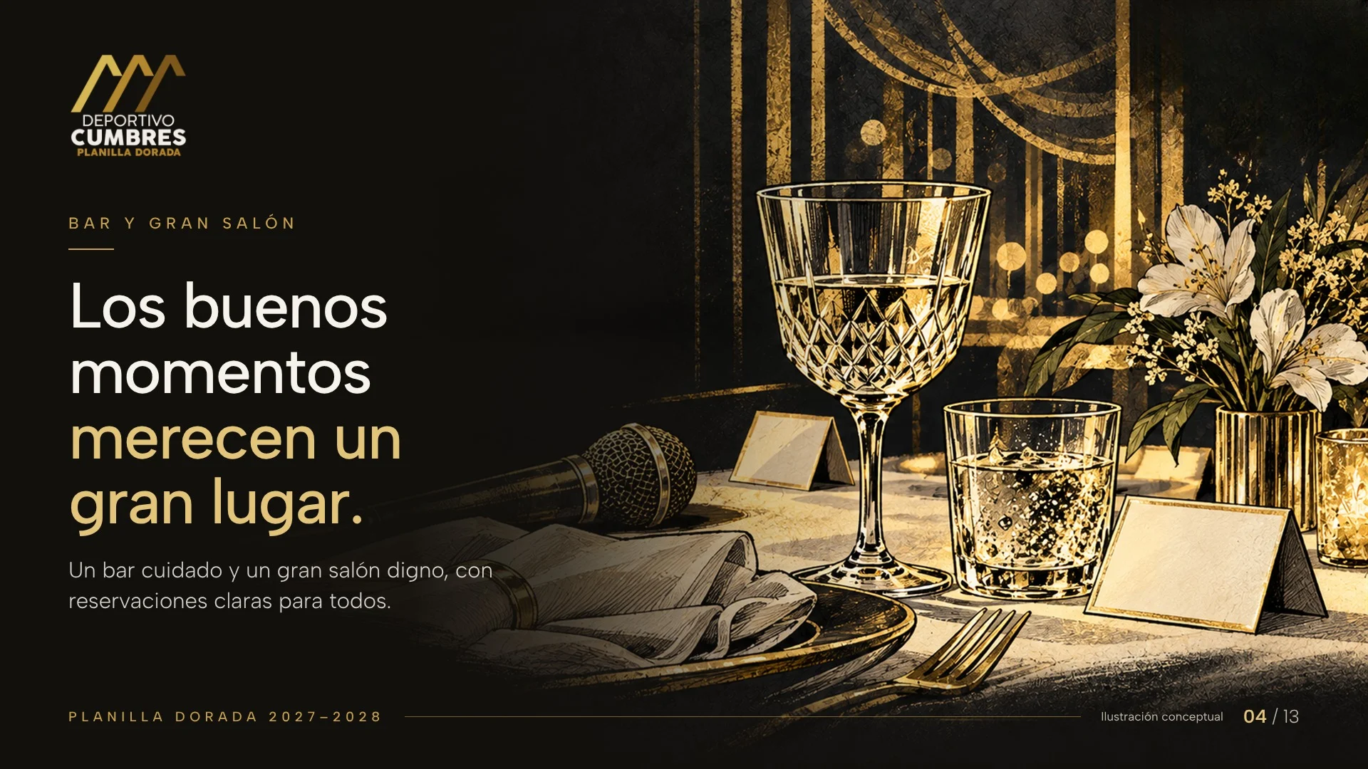 Ilustración dorada de una copa de cristal cortado, un vaso, flores, tarjetas de mesa y un micrófono: una celebración.