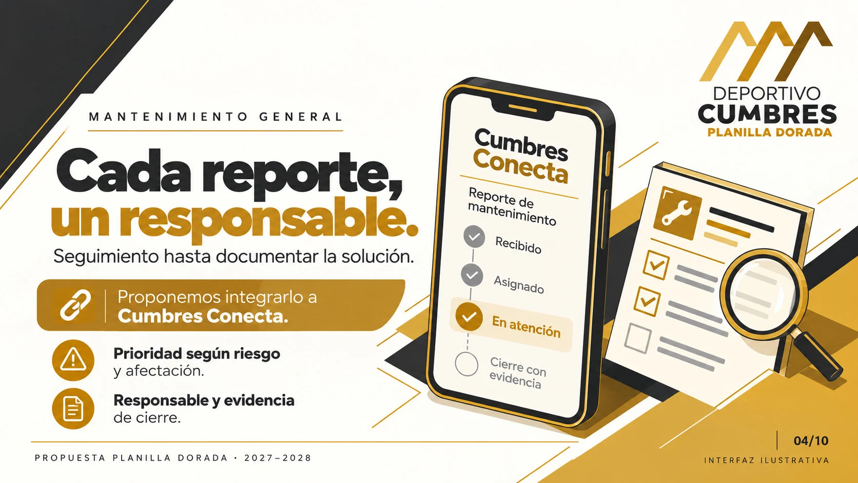 Ilustración de un celular con Cumbres Conecta mostrando un reporte de mantenimiento en las etapas recibido, asignado, en atención y cierre con evidencia, junto a una hoja con lupa.