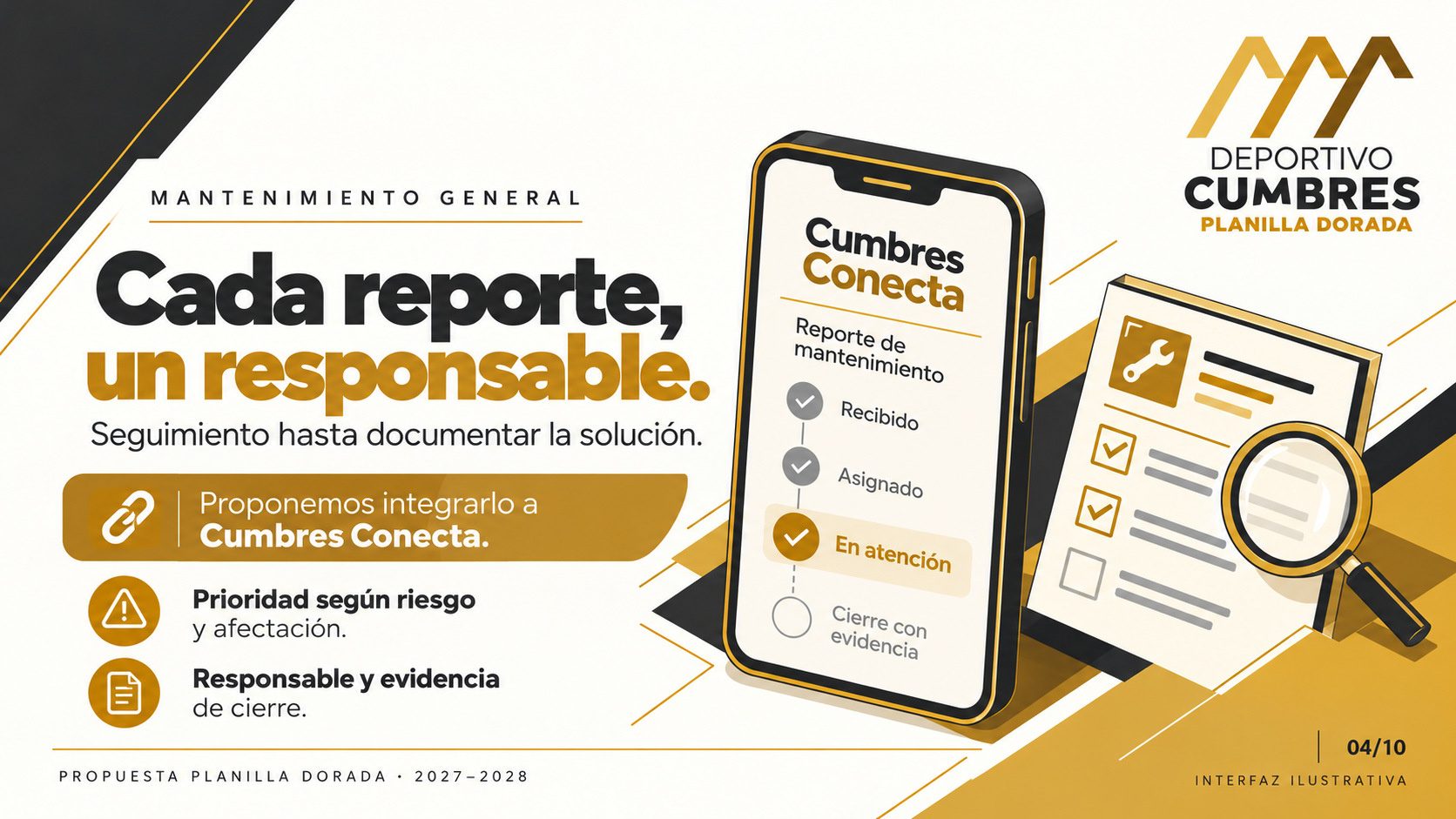 Ilustración de un celular con Cumbres Conecta mostrando un reporte de mantenimiento en las etapas recibido, asignado, en atención y cierre con evidencia, junto a una hoja con lupa.