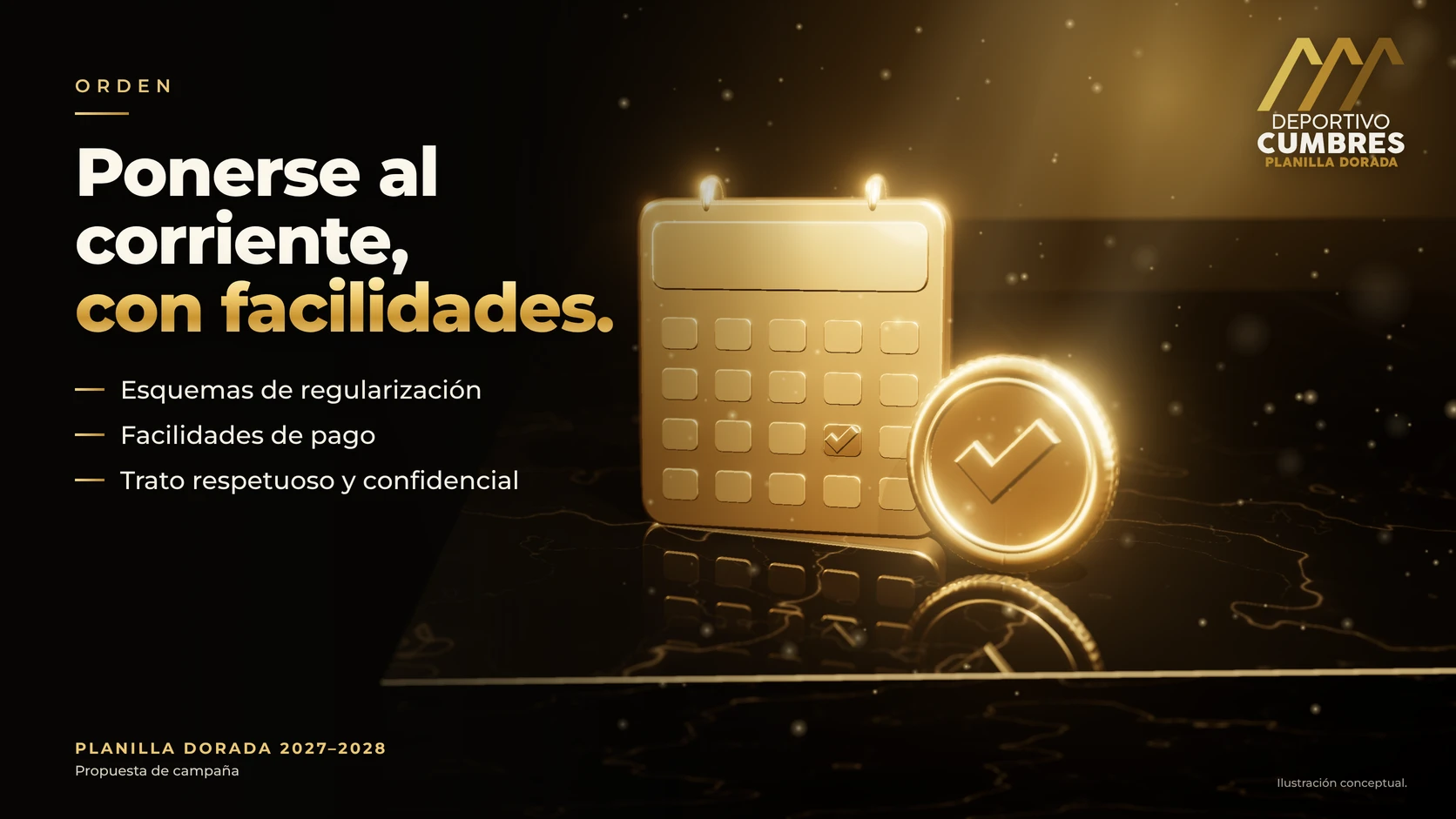 Un calendario de oro con un día marcado y un sello con palomita que representan la regularización de cuotas.