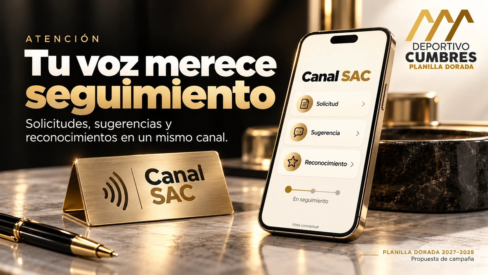 Maqueta conceptual de un celular con Canal SAC y opciones de solicitud, sugerencia y reconocimiento.