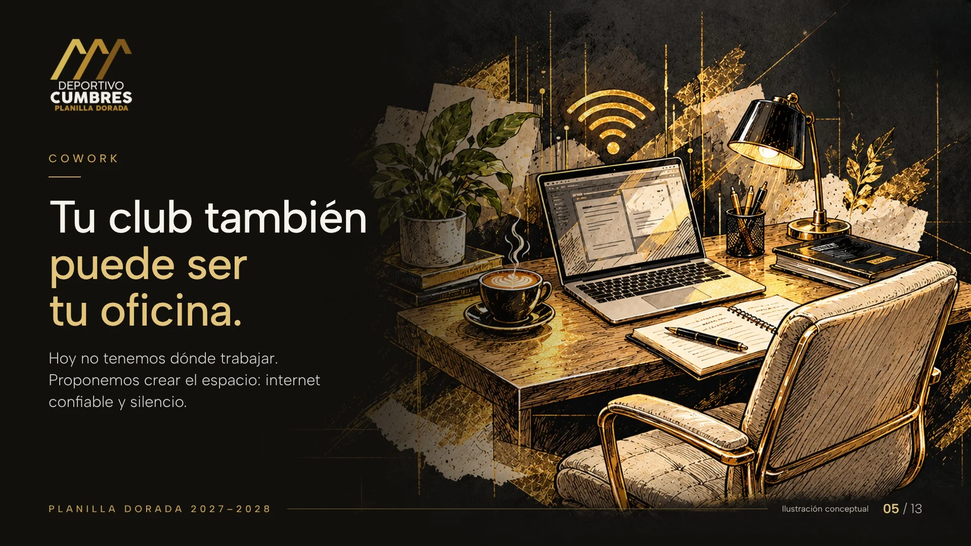 Ilustración dorada de un escritorio con computadora portátil, café, lámpara, libreta y una señal de internet inalámbrico.