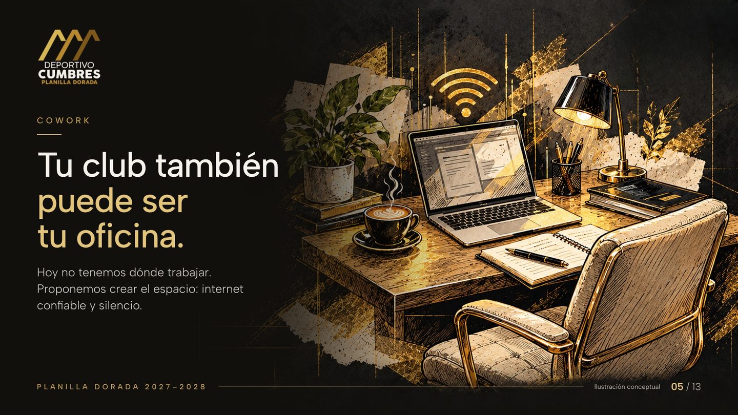 Ilustración dorada de un escritorio con computadora portátil, café, lámpara, libreta y una señal de internet inalámbrico.