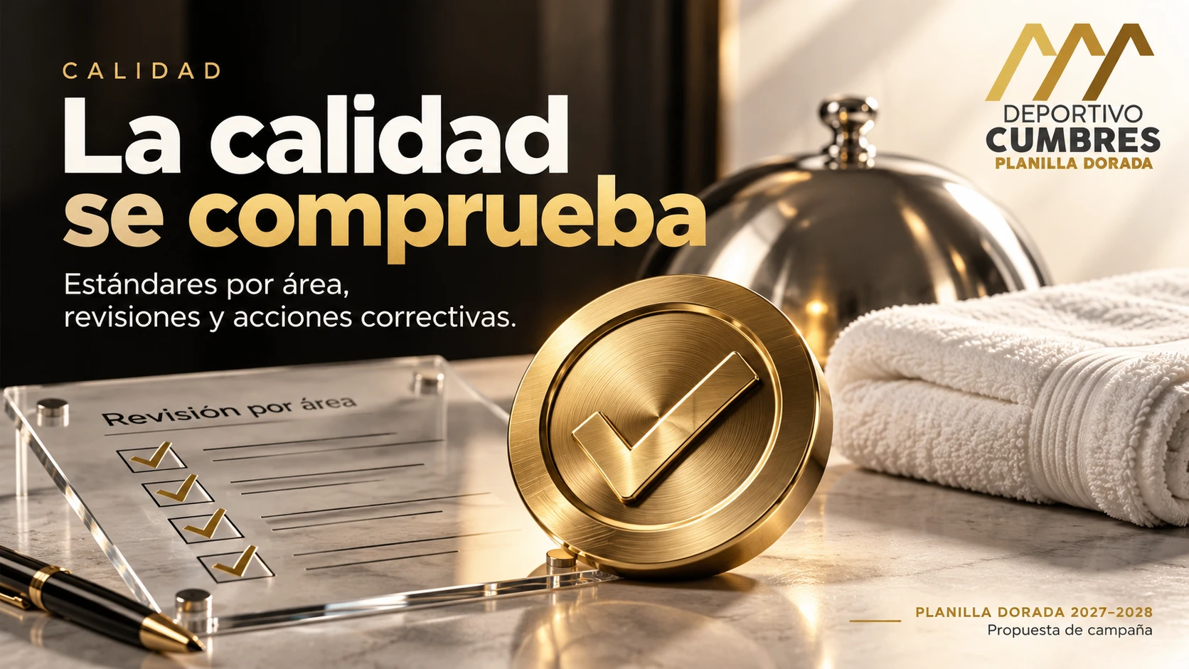 Lista de revisión, toallas y campana de servicio en una composición conceptual dorada, sin representar una certificación oficial.
