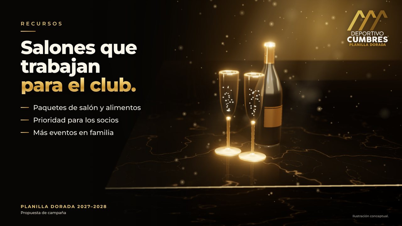 Dos copas de champaña y una botella negra con detalles de oro que representan los salones y eventos.