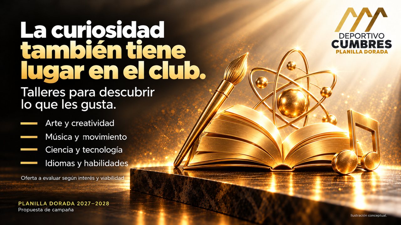 Libro y herramientas creativas doradas que representan los talleres propuestos.
