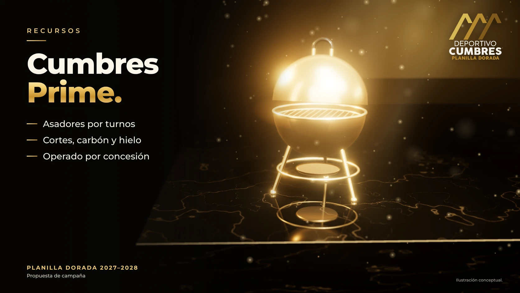 Un asador de oro con las brasas encendidas que representa Cumbres Prime y los turnos de asadores.