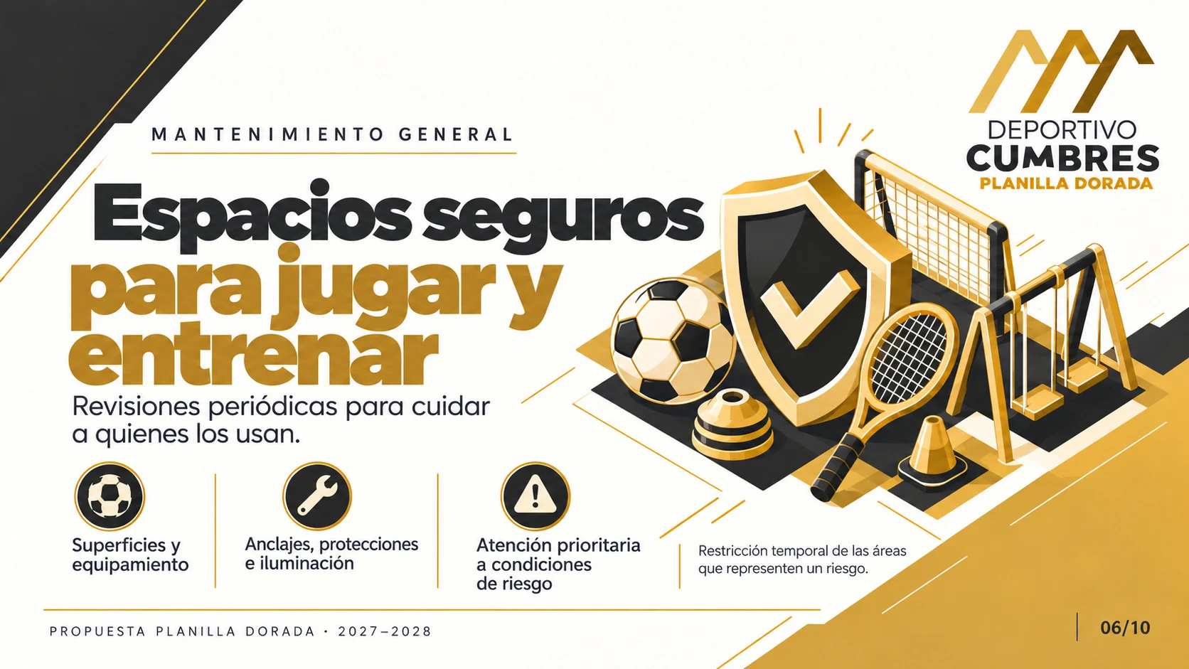 Ilustración dorada de un escudo con palomita rodeado de un balón, una raqueta, conos, una portería y un columpio.