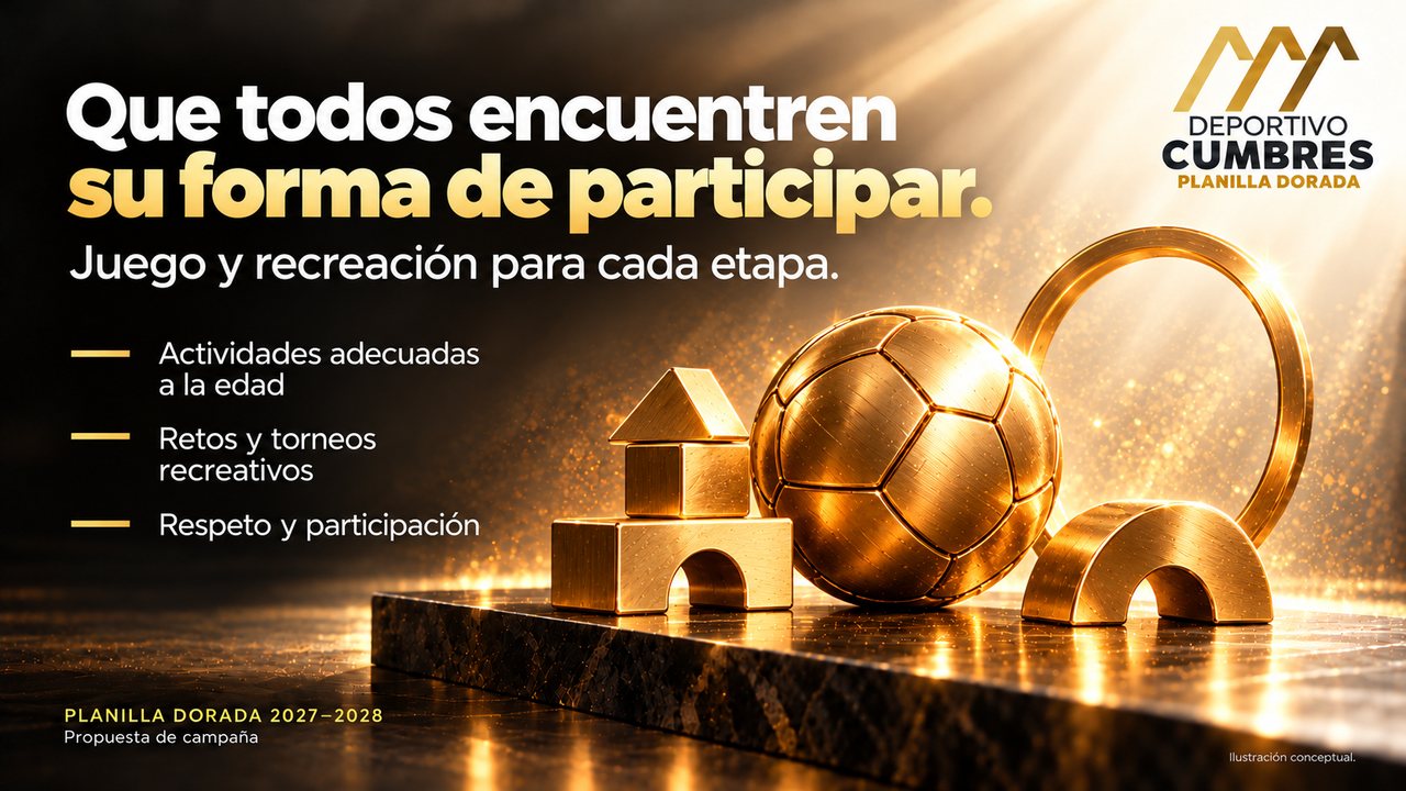 Pelota y piezas de juego doradas que simbolizan recreación infantil.