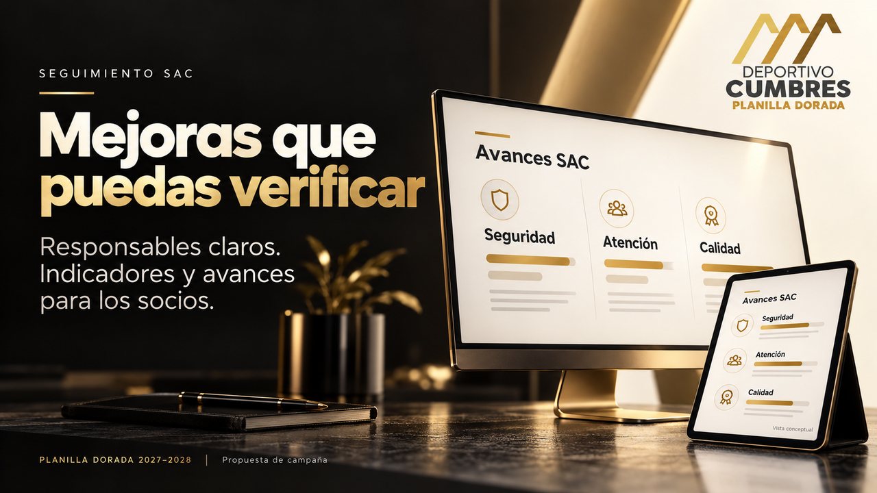 Monitor y tableta con un reporte conceptual de avances SAC, sin datos de desempeño real.