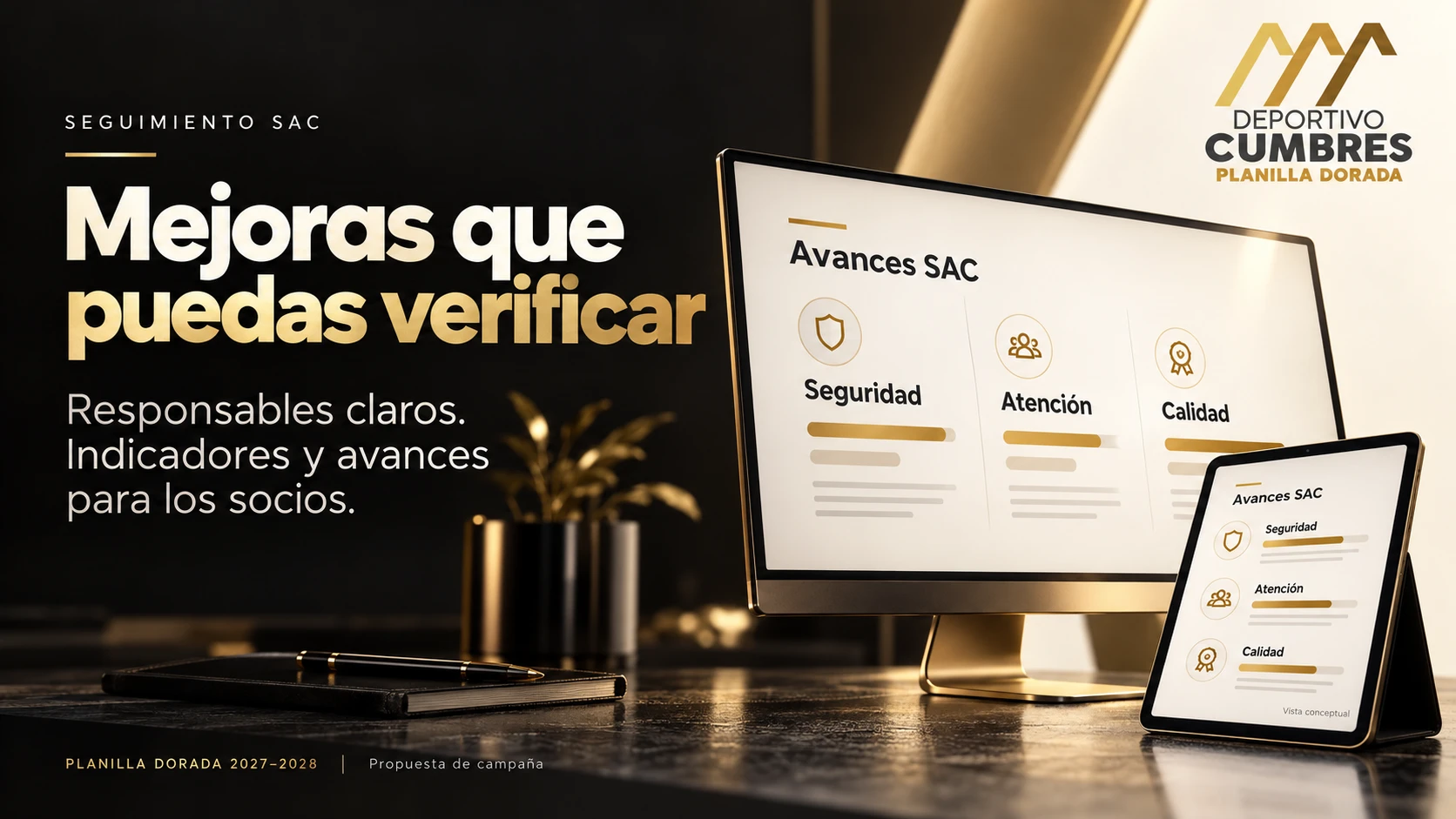 Monitor y tableta con un reporte conceptual de avances SAC, sin datos de desempeño real.