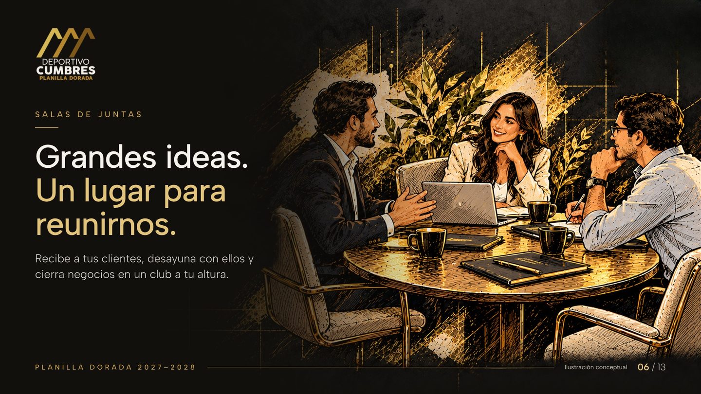 Ilustración dorada de tres personas reunidas alrededor de una mesa redonda con computadora, carpetas y café.