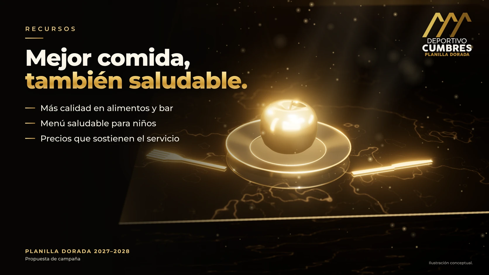 Una manzana de oro sobre un plato negro, con tenedor y cuchillo, que representa comida de calidad y saludable.