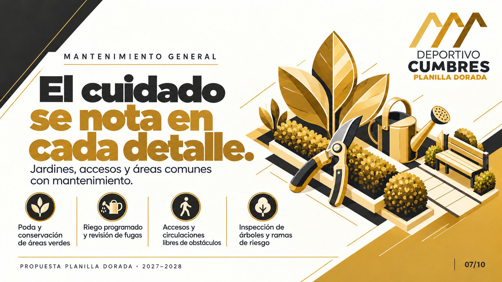 Ilustración dorada de un jardín con arbustos, una banca, unas tijeras de podar y una regadera.