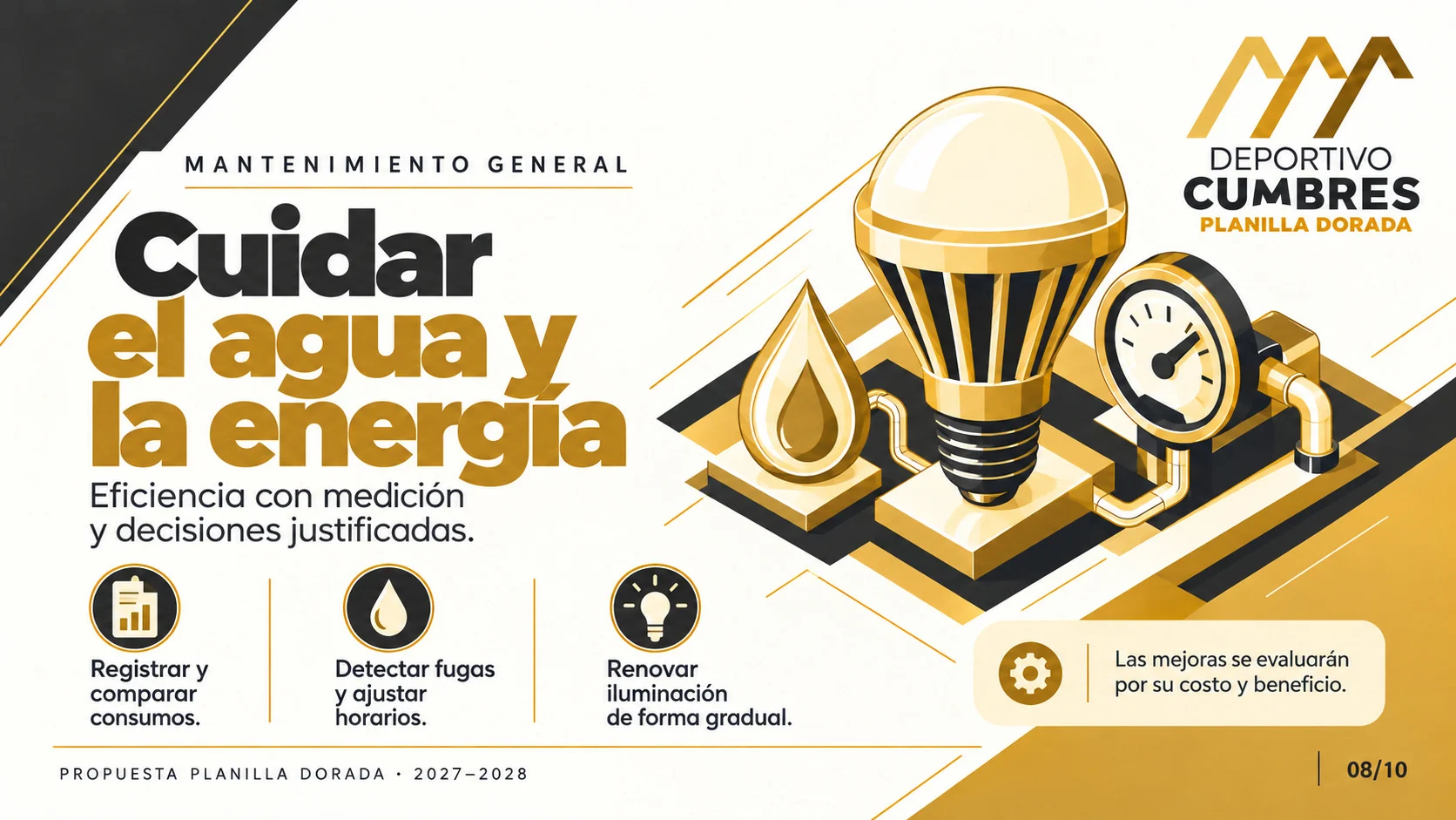 Ilustración dorada de una gota de agua, un foco y un medidor conectados por tuberías.