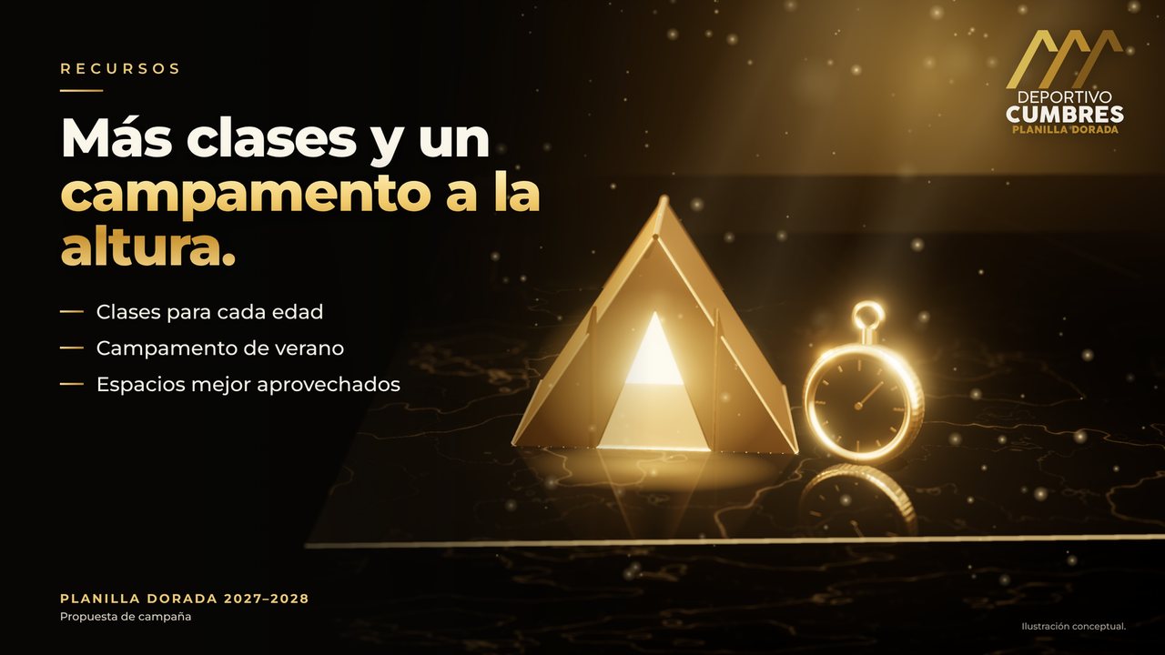 Una tienda de campaña de oro iluminada por dentro y un cronómetro que representan el campamento de verano y las clases.