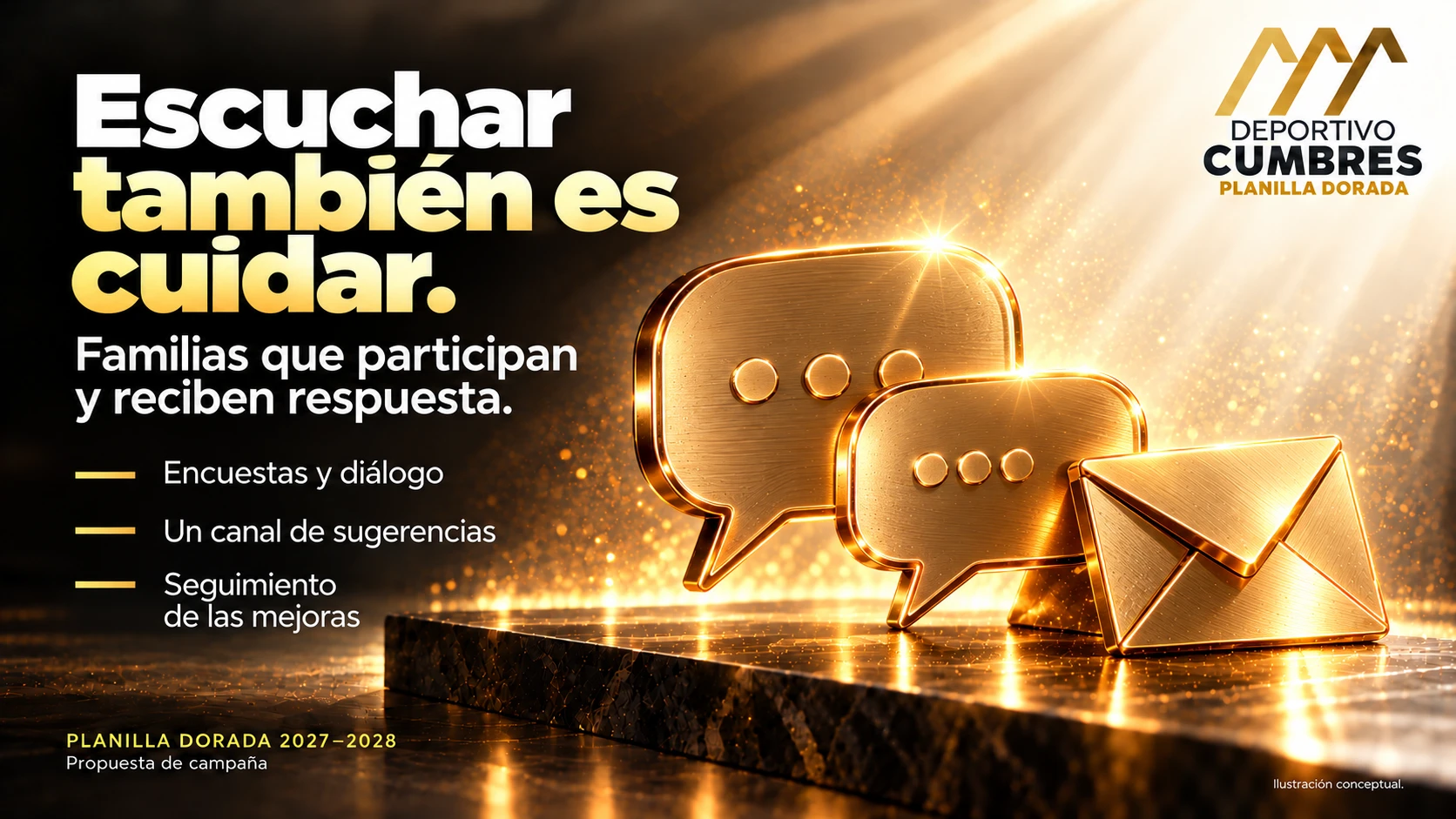 Símbolos de diálogo dorados que representan la escucha a las familias.