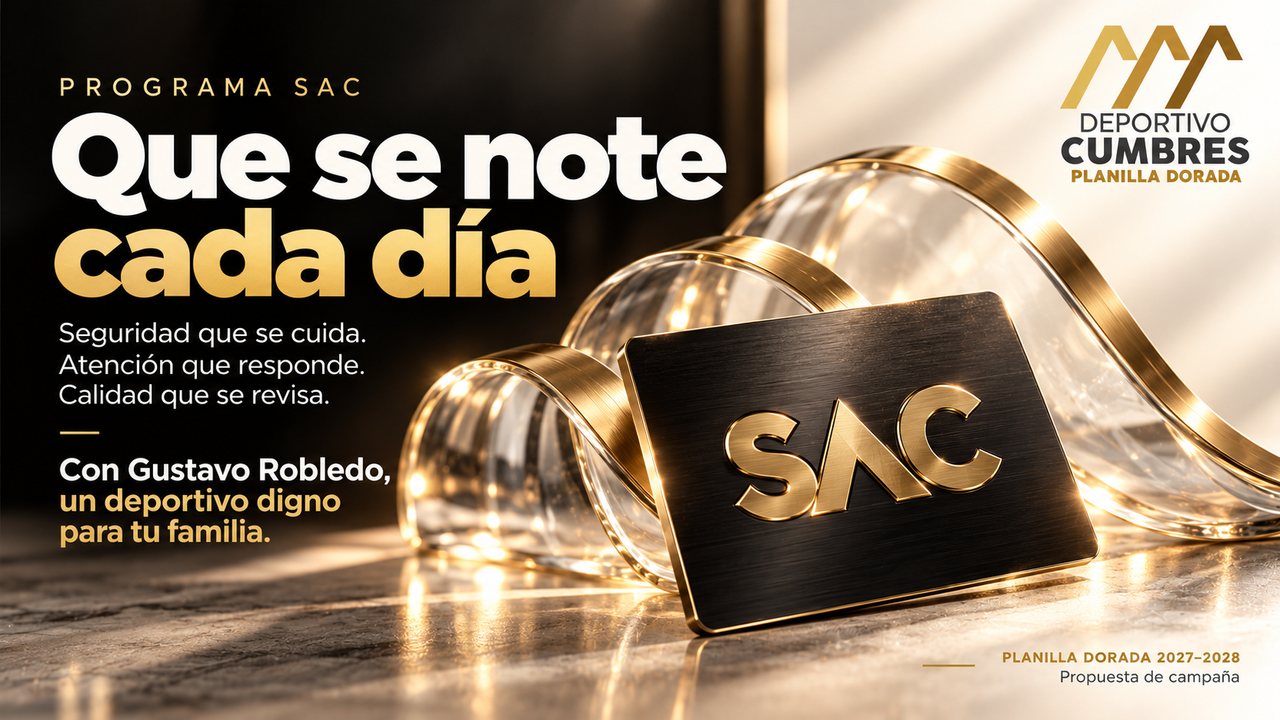 Composición conceptual con una placa SAC, cristal y dorado, acompañada del cierre de campaña de Gustavo Robledo.