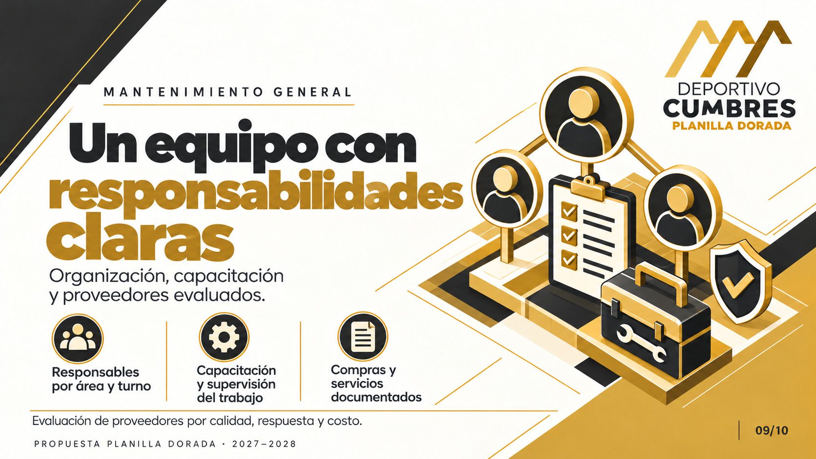 Ilustración dorada de tres perfiles de personas conectados a una lista de verificación, con una caja de herramientas y un escudo con palomita.