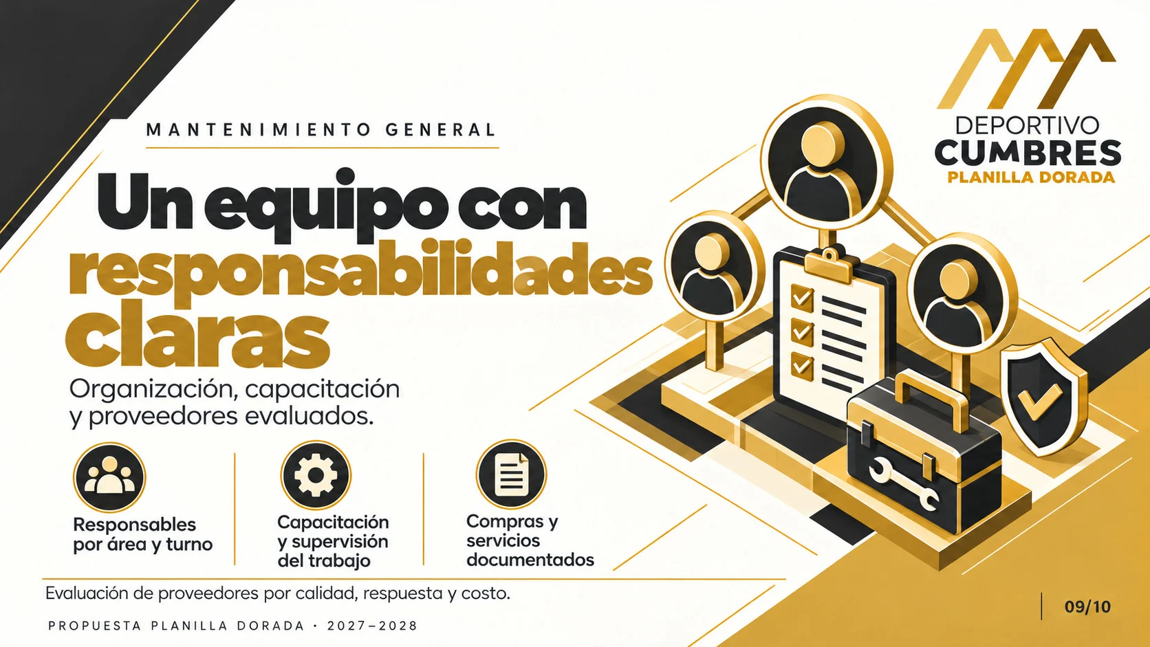 Ilustración dorada de tres perfiles de personas conectados a una lista de verificación, con una caja de herramientas y un escudo con palomita.