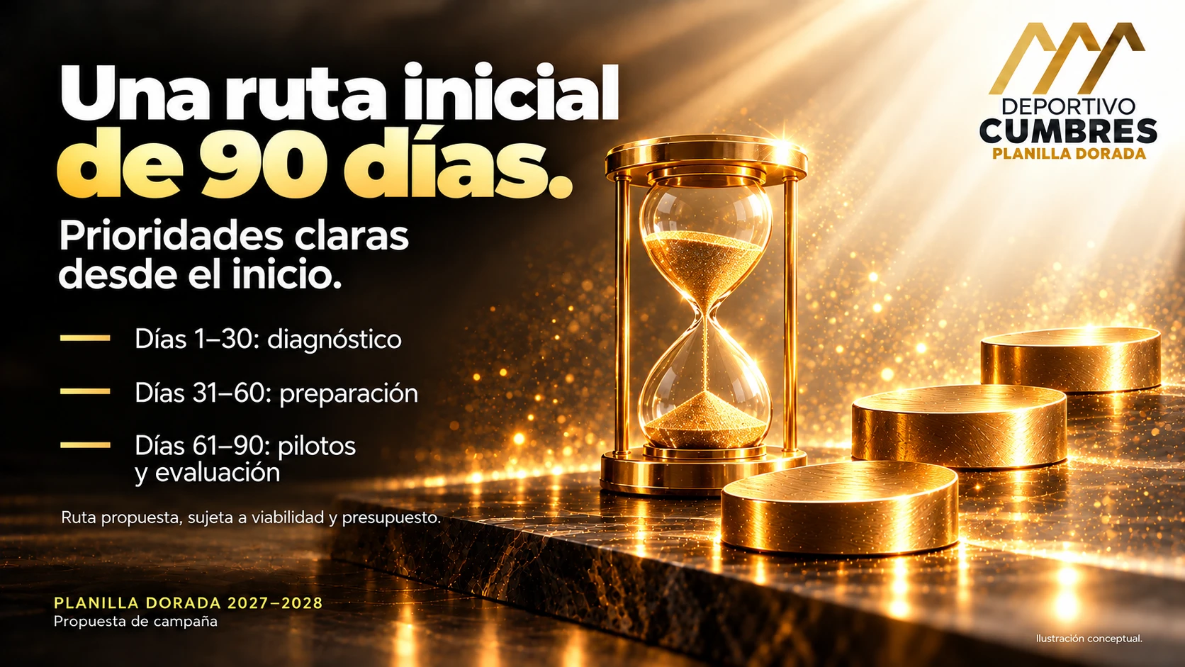 Tres hitos dorados que representan las etapas de la ruta inicial de 90 días.