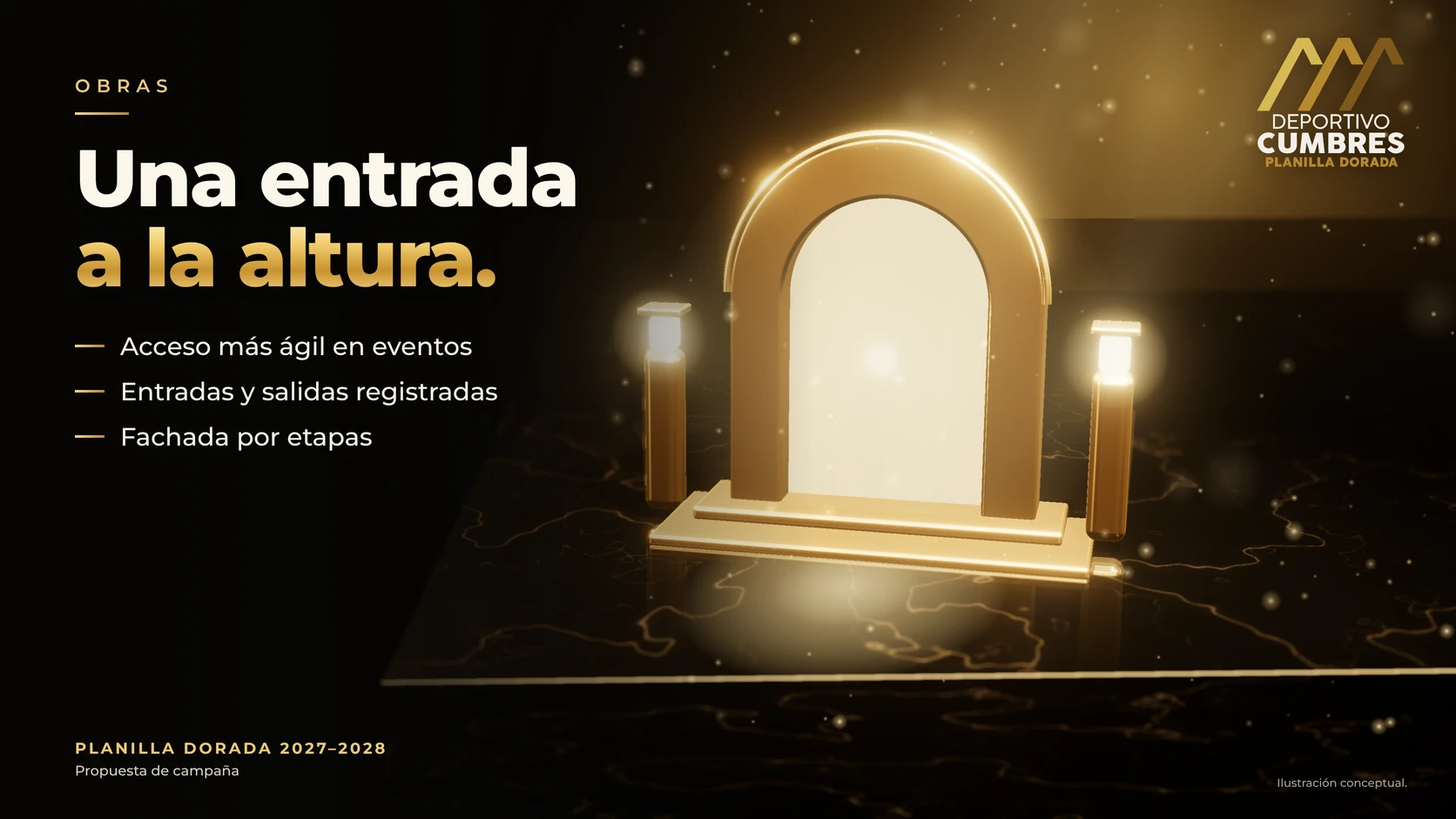 Un arco de entrada de oro con luz cálida al fondo y dos faroles que representan el acceso y la fachada.
