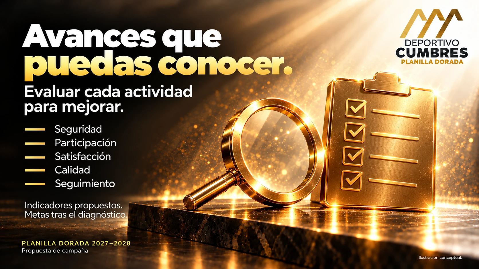 Instrumentos de revisión dorados que simbolizan la evaluación de avances.