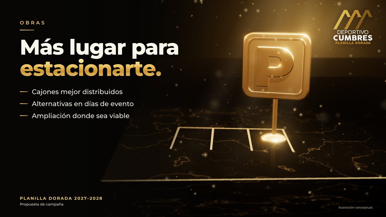 Una señal de estacionamiento con la letra P y cajones marcados en oro que representan la mejor distribución del estacionamiento.