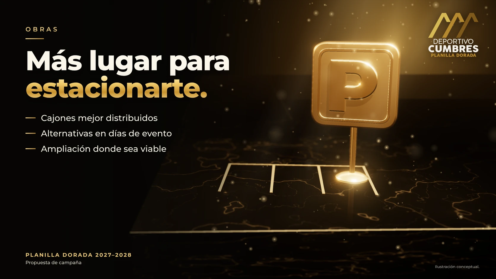 Una señal de estacionamiento con la letra P y cajones marcados en oro que representan la mejor distribución del estacionamiento.