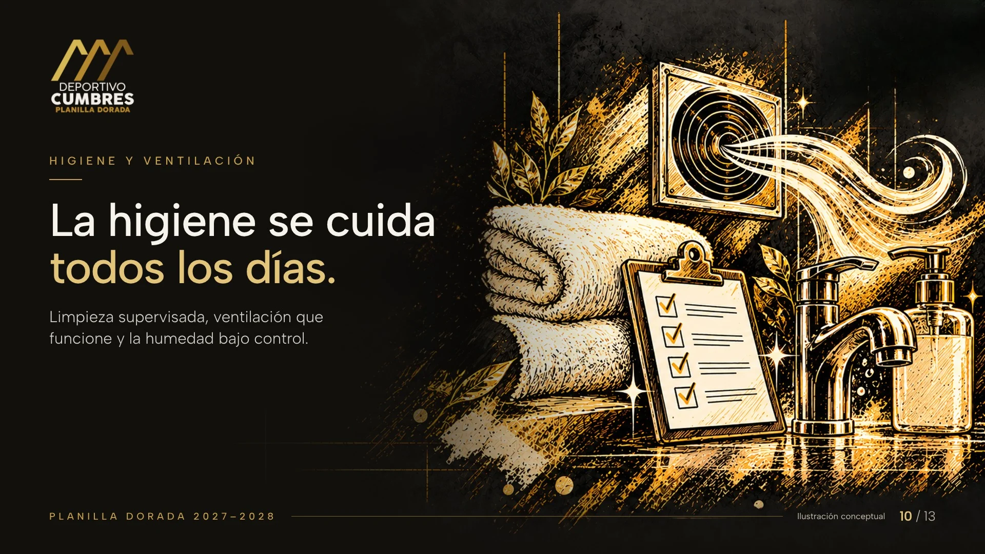 Ilustración dorada de toallas limpias, una lista de revisión, una llave de agua, un dispensador de jabón y un extractor de aire.