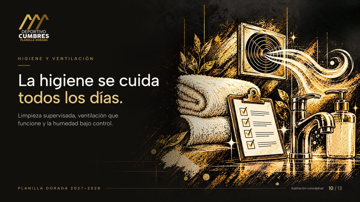 Ilustración dorada de toallas limpias, una lista de revisión, una llave de agua, un dispensador de jabón y un extractor de aire.