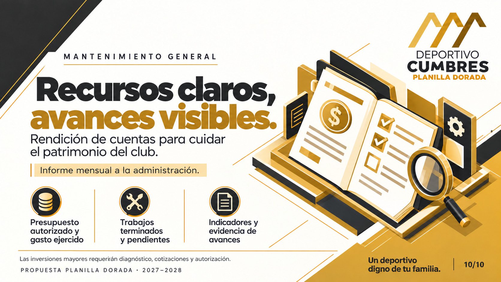 Ilustración dorada de un libro de registros con un signo de pesos, una lista de verificación y una lupa.