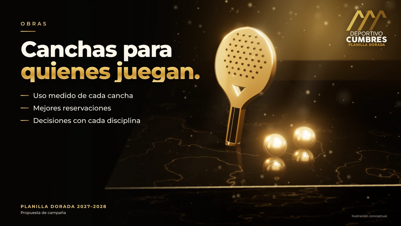 Una raqueta de pádel y dos pelotas de oro que representan el mejor aprovechamiento de las canchas.