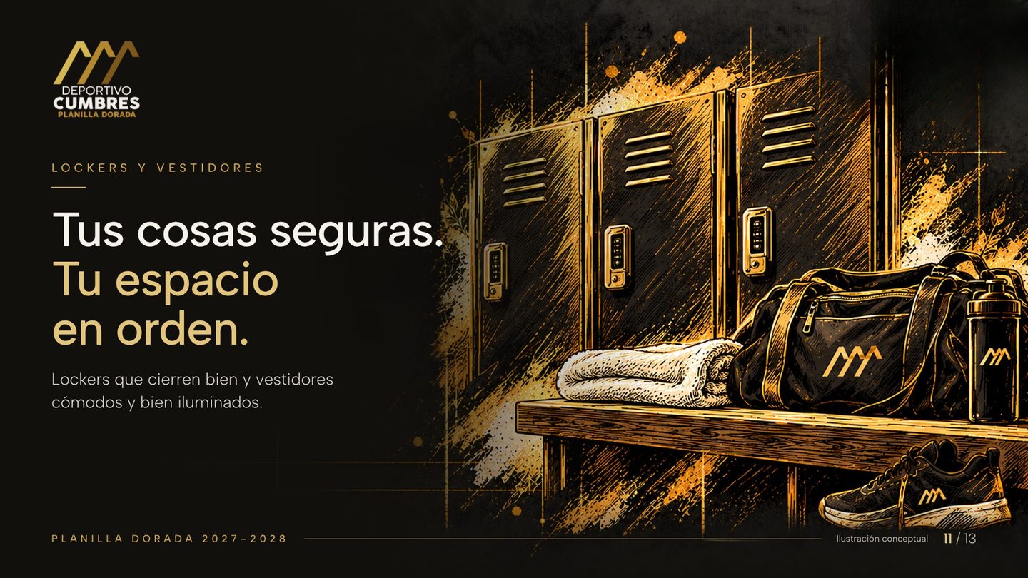 Ilustración dorada de tres lockers con cerradura y una banca con toalla, maleta deportiva, botella y tenis.