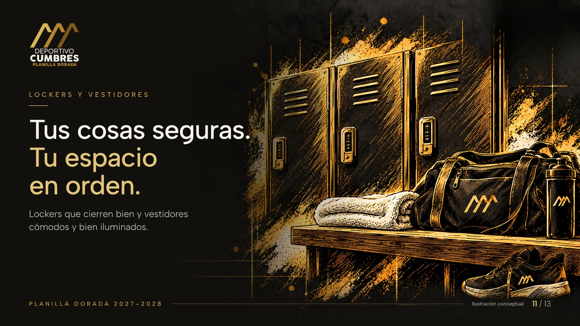 Ilustración dorada de tres lockers con cerradura y una banca con toalla, maleta deportiva, botella y tenis.