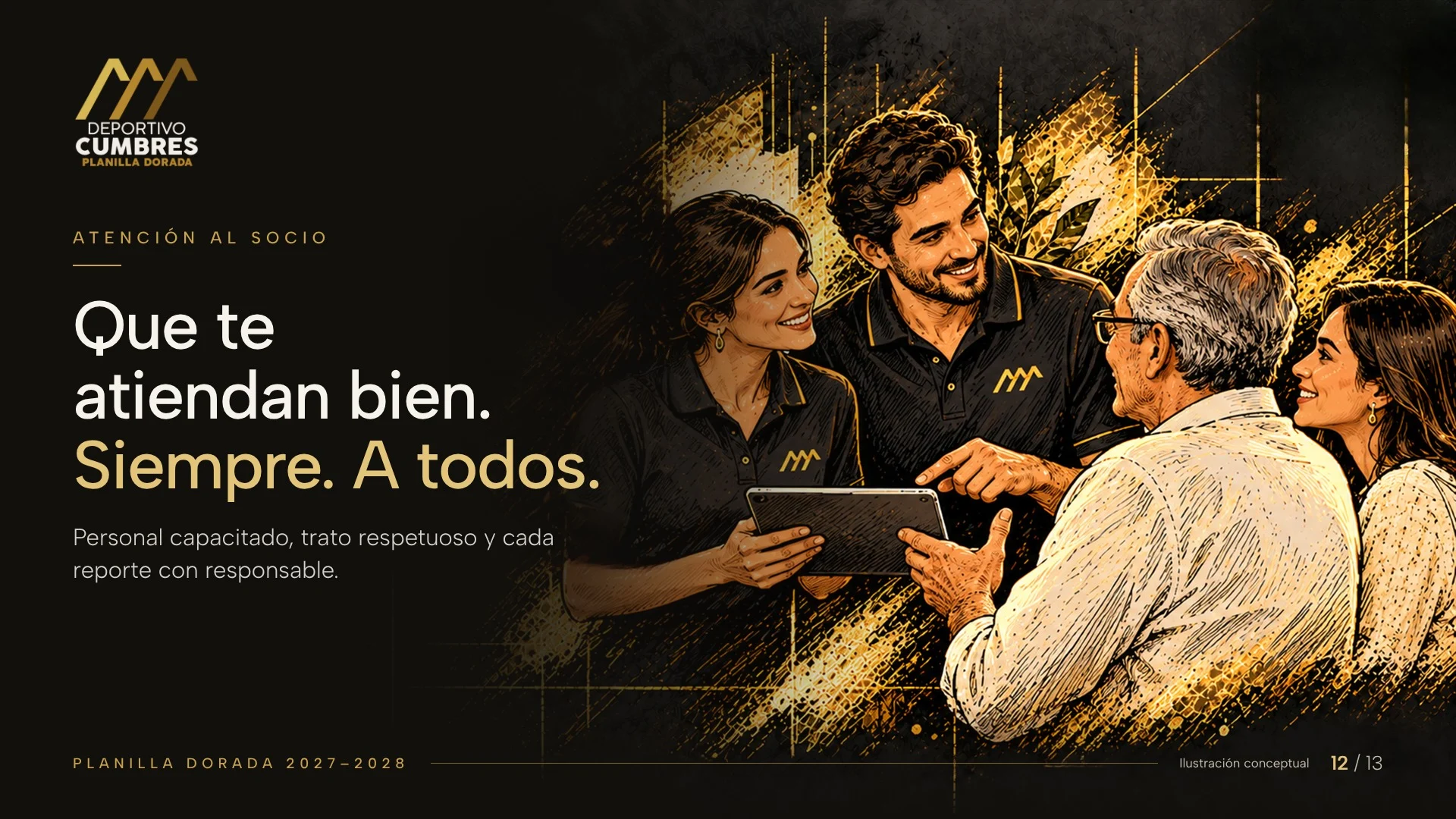 Ilustración dorada de personal del club con una tableta atendiendo con una sonrisa a un socio mayor y a una socia.