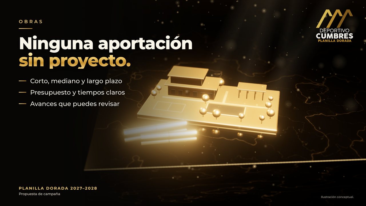 Una maqueta ilustrativa de oro con edificios, alberca, cancha y árboles, y planos enrollados, que representa el plan maestro por etapas.