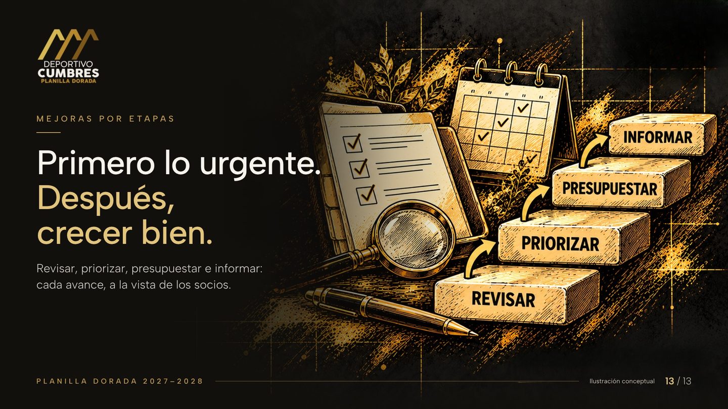 Ilustración dorada de una carpeta con lista de verificación, una lupa, un calendario y cuatro escalones: revisar, priorizar, presupuestar e informar.