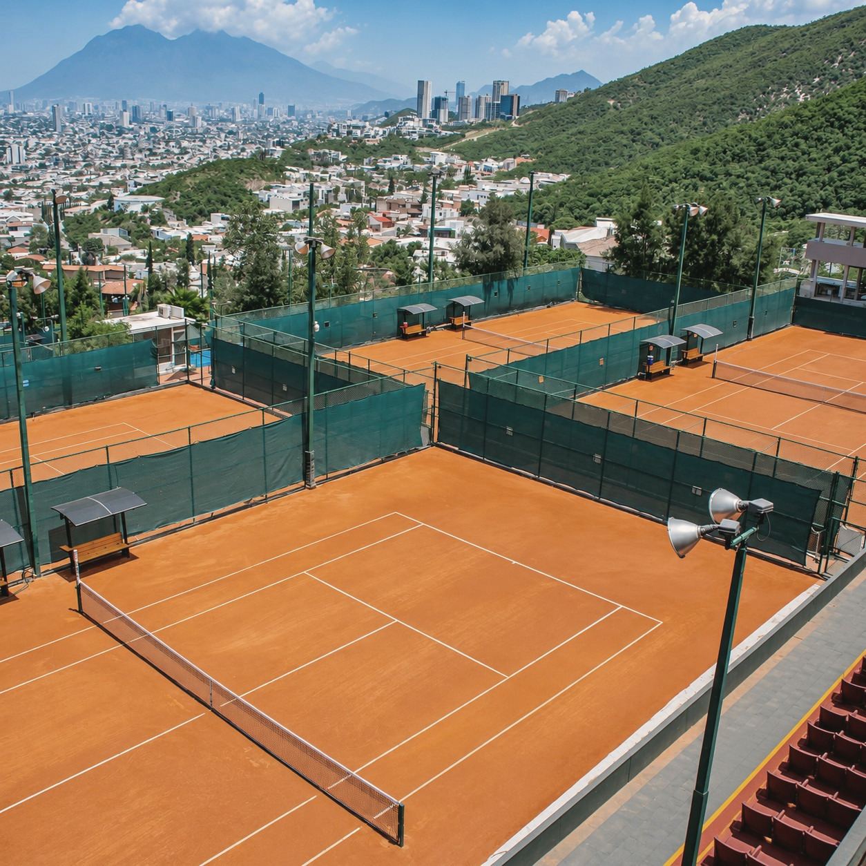 Canchas de tenis de arcilla vistas desde lo alto, con la ciudad de Monterrey y sus montañas al fondo.